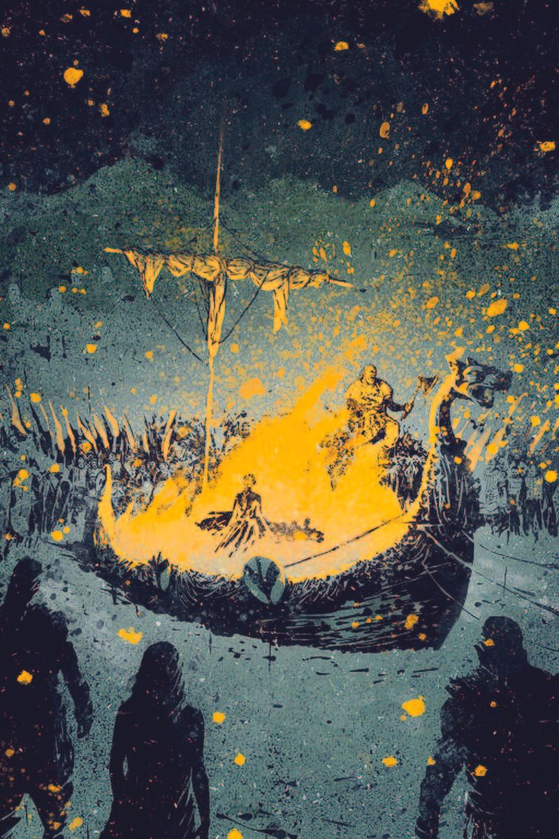 Illustration of a viking funeral, the boat is on fire