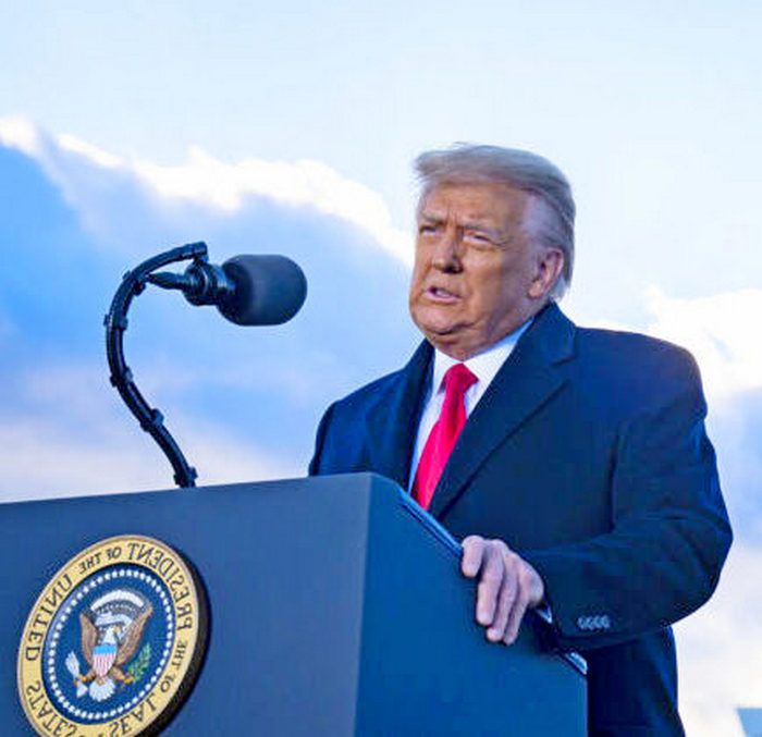 Then-President Donald Trump speaks to supporters at Joint Base Andrews before boarding Air Force One for his last time as president in Joint Base Andrews, Maryland, on Jan. 20, 2021. (Pete Marovich/Pool/Getty Images)