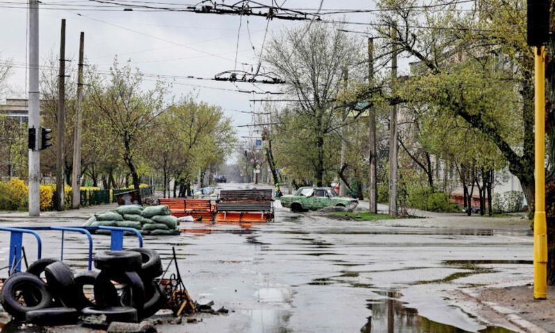 Remains of barricades are pictured in a street of Severodonetsk as Russian troops intensified a campaign to take the strategic port city of Mariupol, part of an anticipated massive onslaught across eastern Ukraine, in eastern Ukraine's Donbass region, on April 13, 2022. (Ronaldo Schemidt/AFP via Getty Images)