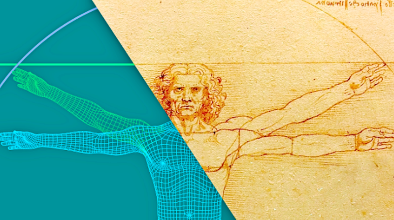 Illustration shows Vitruvian man drawing and a computer wireframe