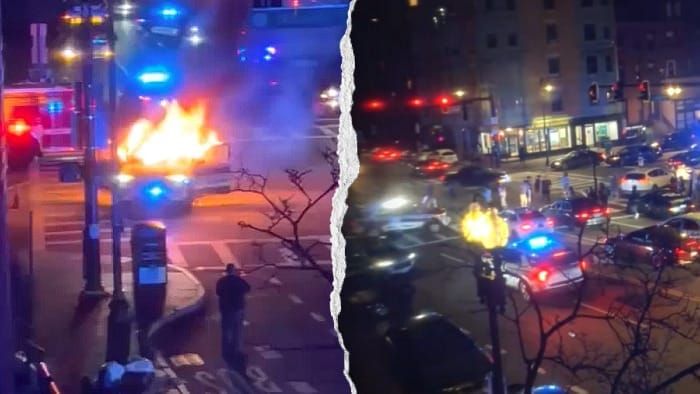 Over 100 people involved in early morning incident that destroyed police cruiser with flames