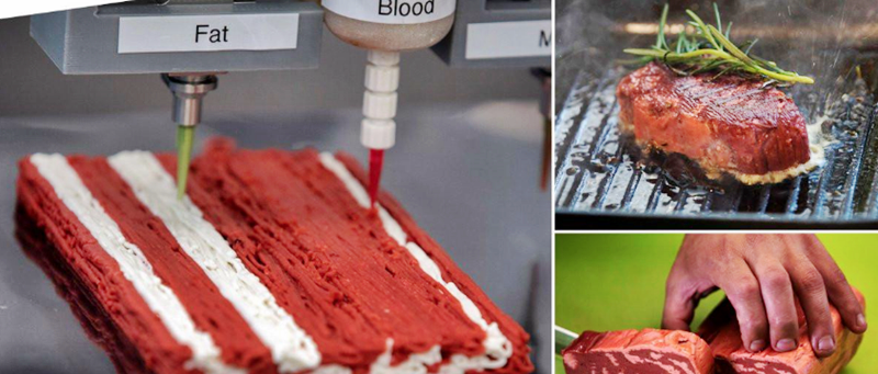 A factory in Holland prints 500 tons of lab steaks per month through 3D printers.