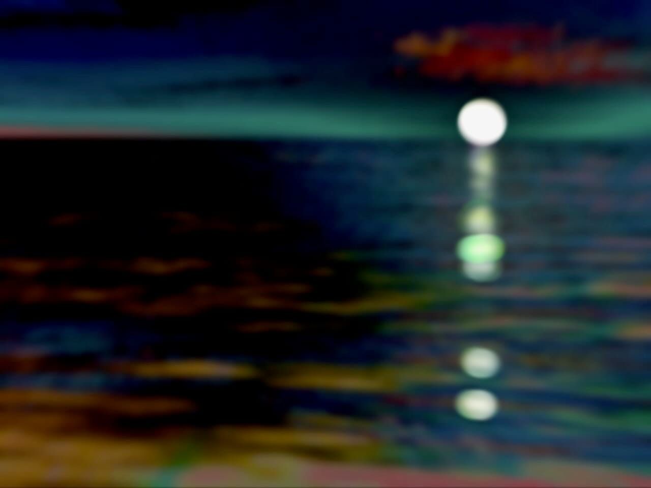 A dark and blurred digital image of a moon low on the horizon of the ocean. The colors are muted blues, teals, ambers, and ochres. The effect is eerily surreal.