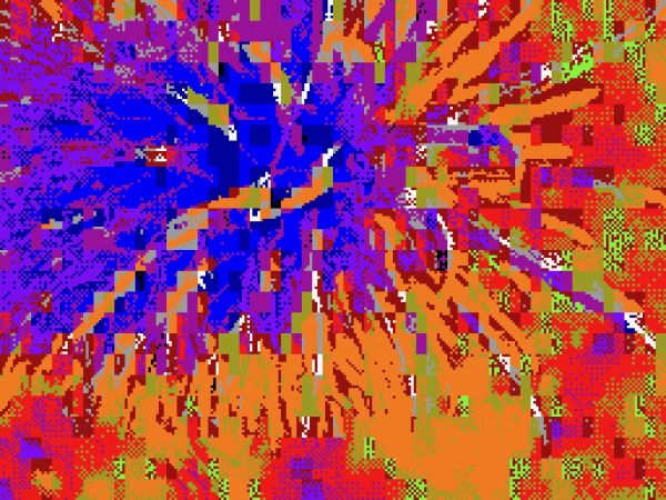 A colorfully pixellated and glitchy abstract image of oranges, red, blues, and greens.Visual chaos.