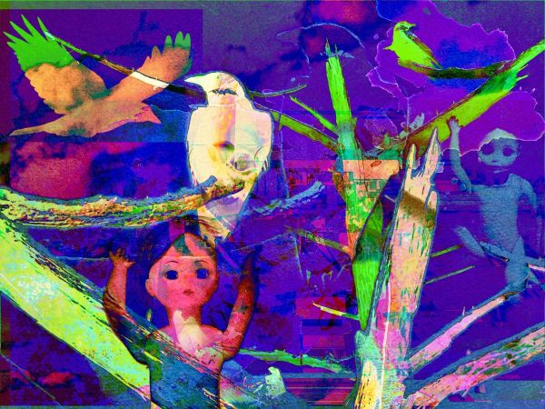 a psychedelic montage of birds and dolls