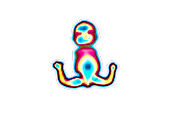 Surreal illustration of an abstract humanoid baby figure with two arms instead of legs and no arms where they should be. The colors are psychedelic.