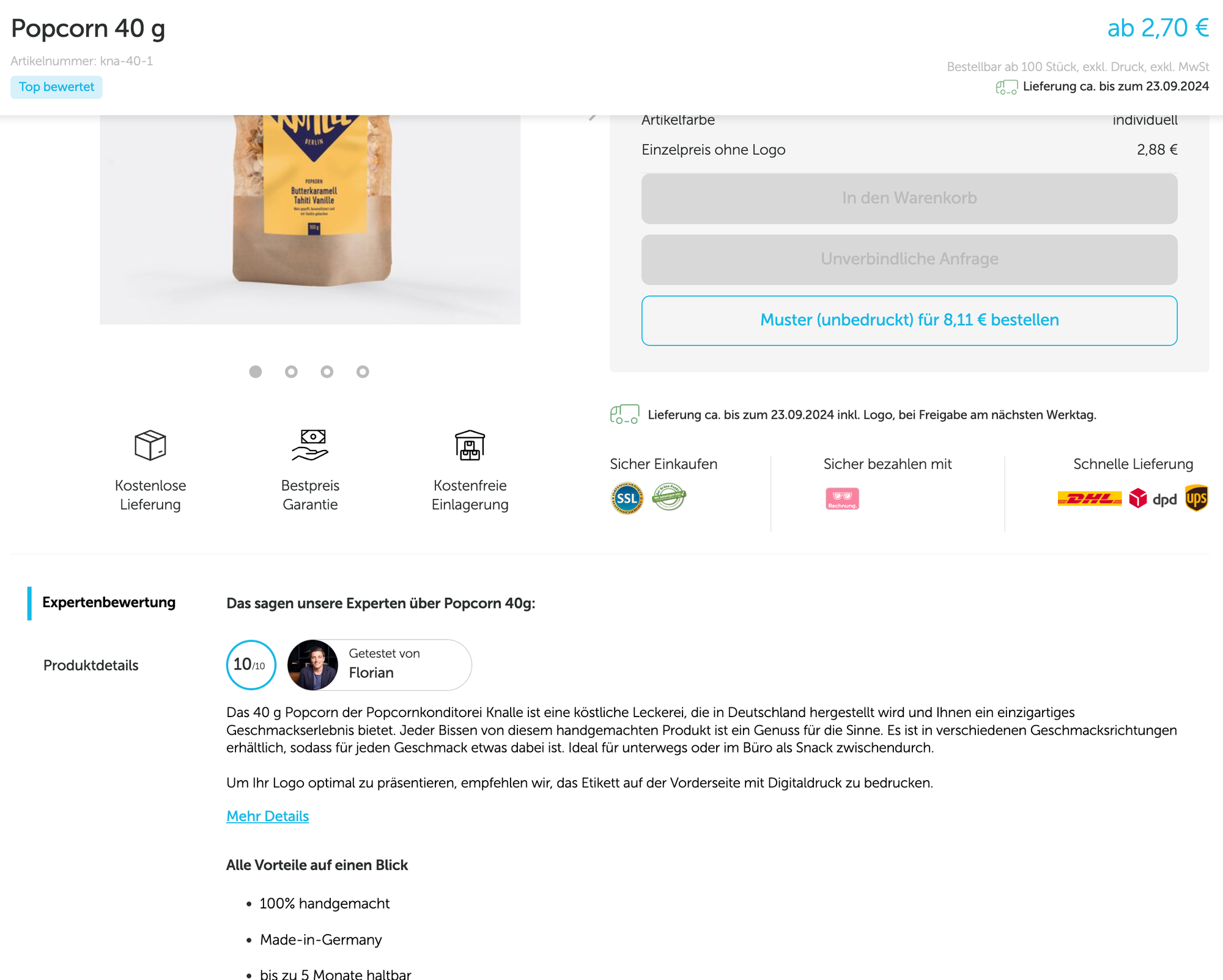 Beschreibung "Knalle Popcorn" mit Vorteilen auf der Werbezeichen Website