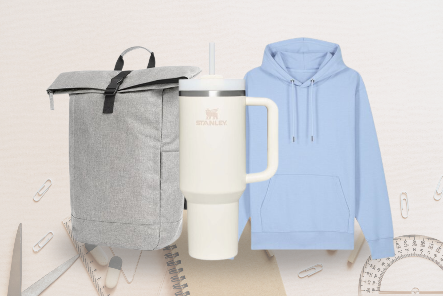 Werbemittel zum Schulanfang: Rucksack, Stanley Flasche und Hoodie