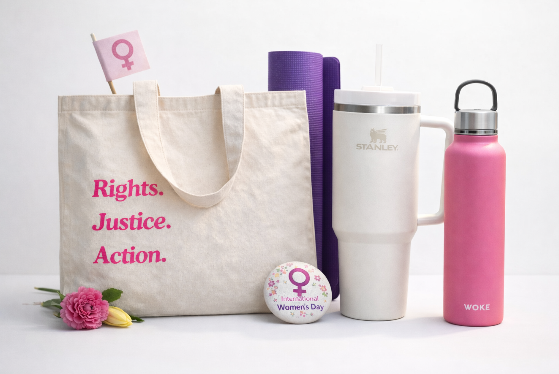 Werbeartikel zum Internationalen Frauentag: Tasche, Yogamatte, Flasche
