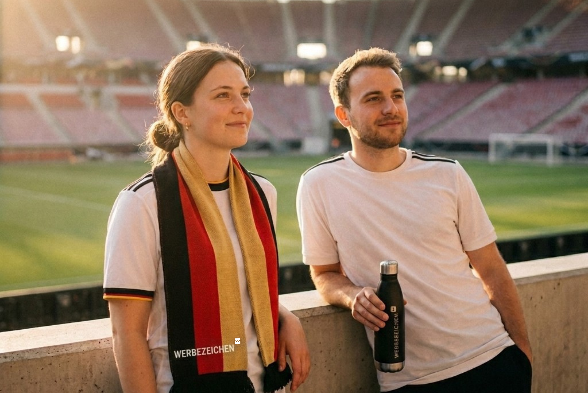 Flasche und Deutschlandschal mit Logo in Stadion