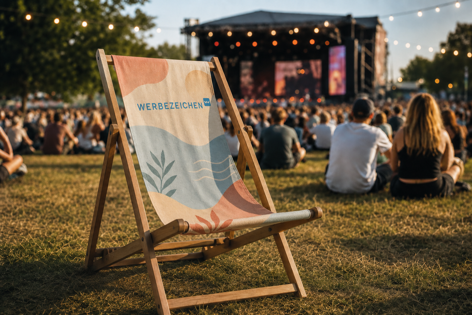 Liegestuhl mit Werbezeichen Logo