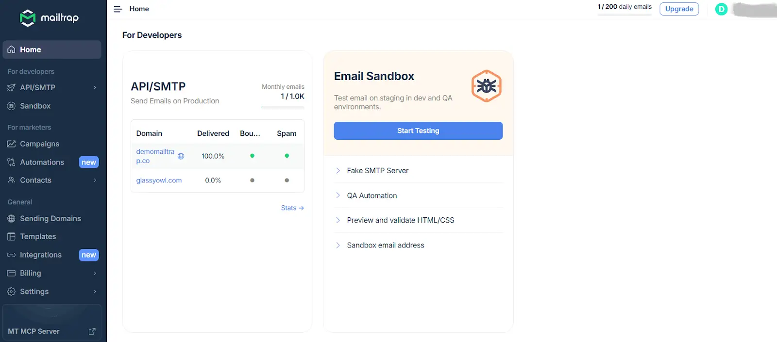 Mailtrap SMTP settings