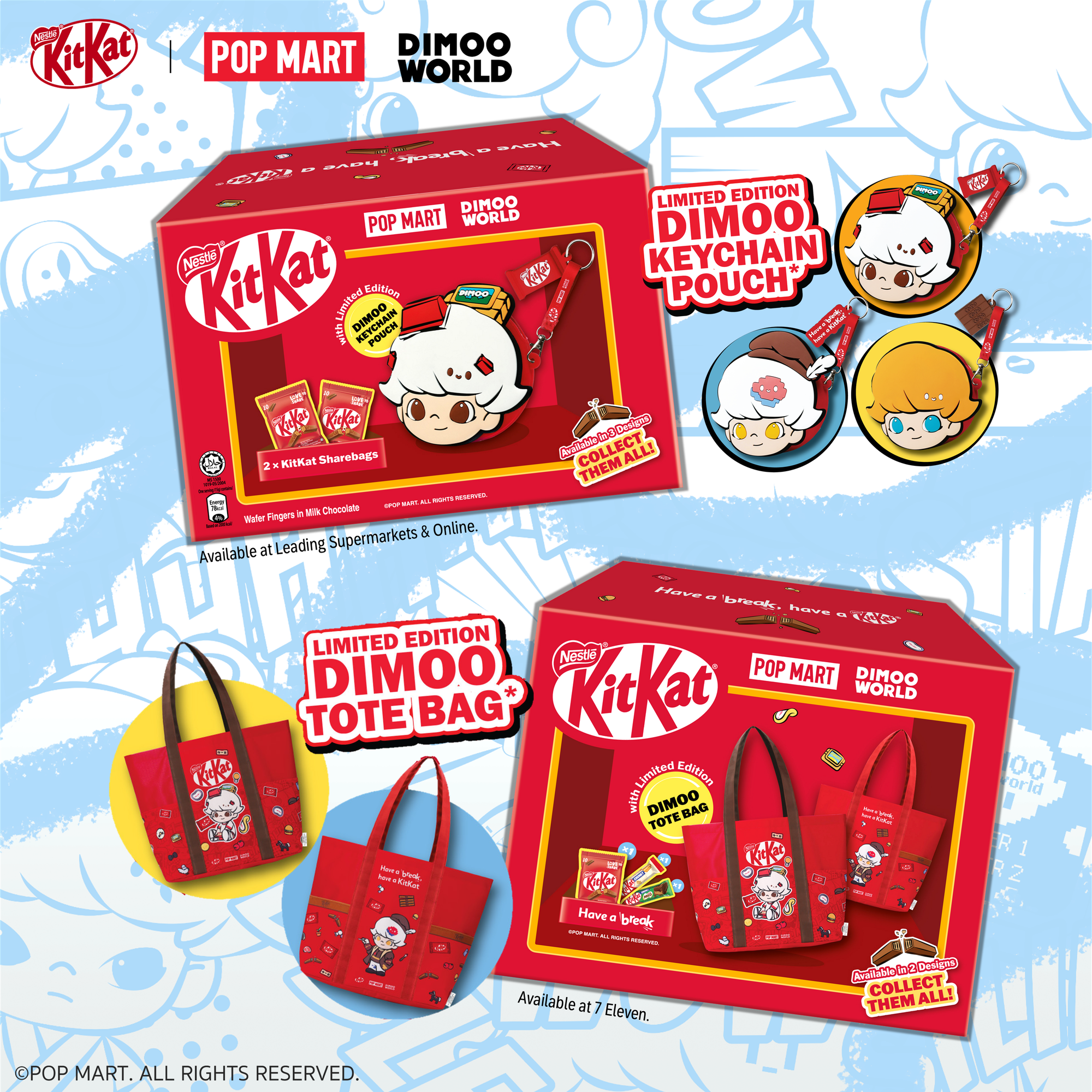 Limited edition KitKat x DIMOO tote bags and key chains
