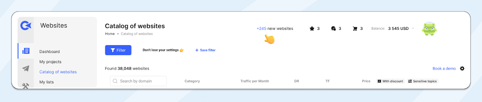 Collaborator - Catalog of websites dashboard