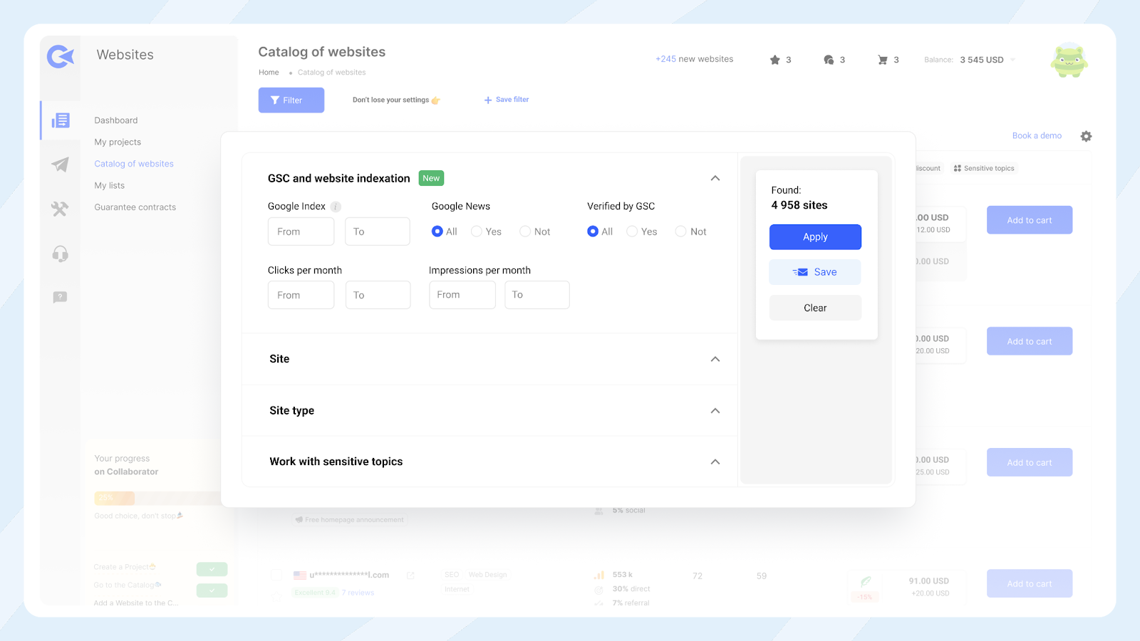 Collaborator - Catalog of websites that are verified by GSC
