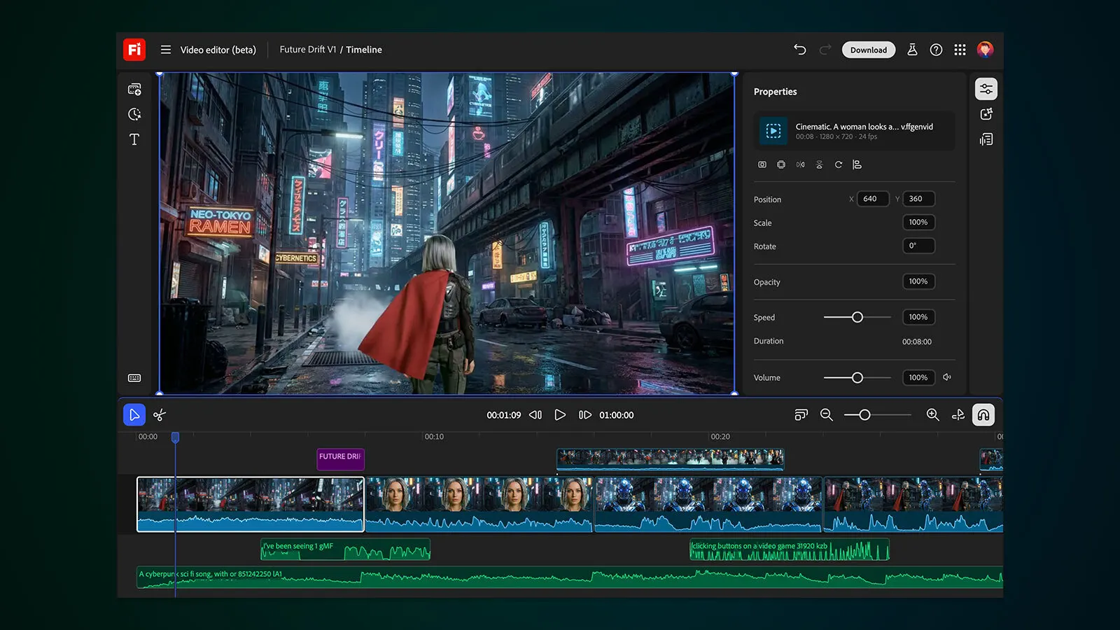 Adobe Firefly update - combine generated clips in multi-track timeline
