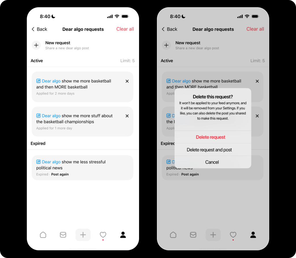 Dear Algo adjusts user's feed for the next three days