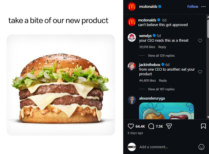 McDonald's Instagram post is filled with sarcastic comments including Wendy's