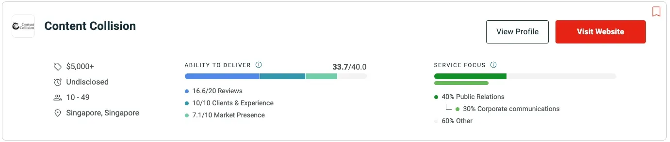 How to vet a B2B PR agency in Singapore - content collision leaders matrix score on clutch