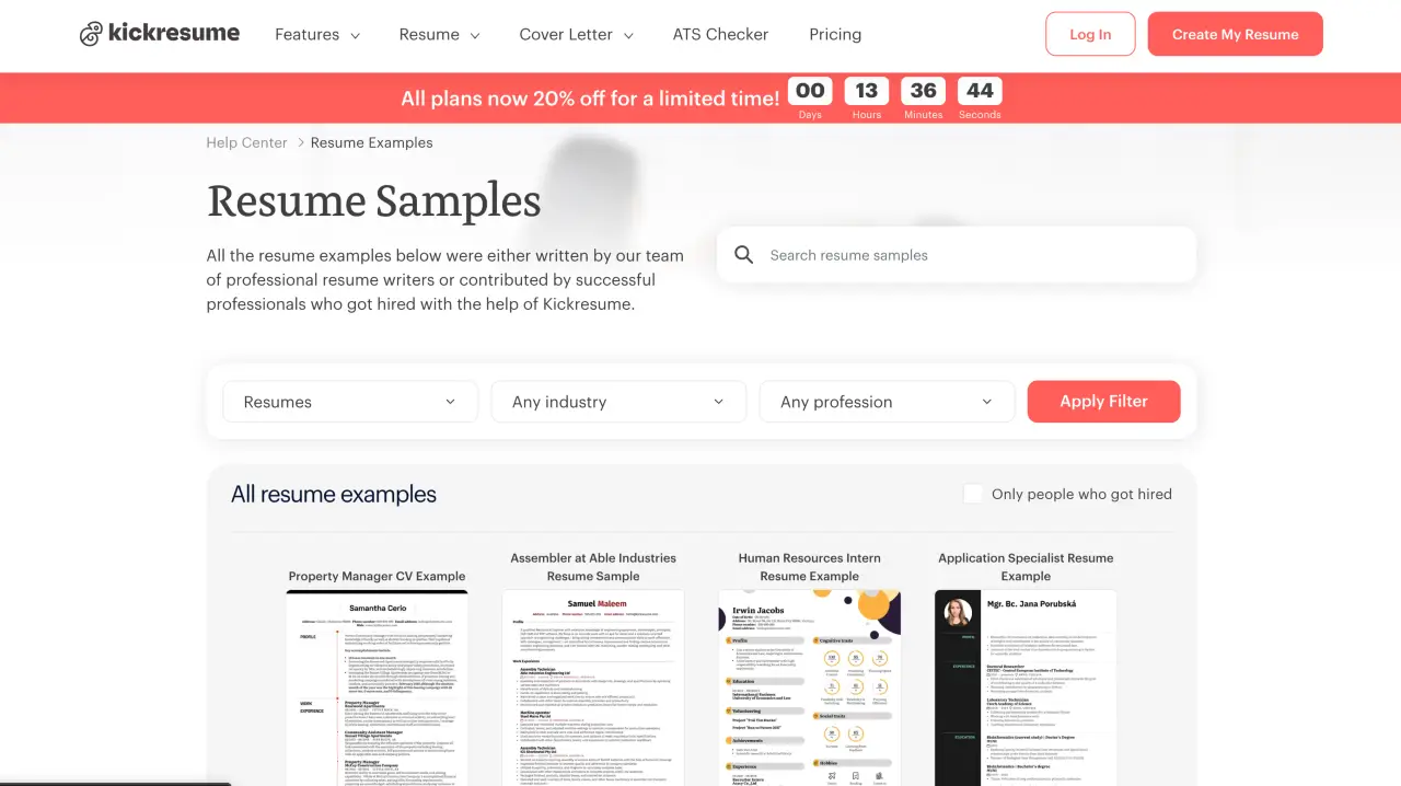 kickresume resume examples page