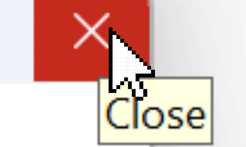 A mouse cursor hovering a Window close "X" icon. A tooltip with the text "Close" appears under it.