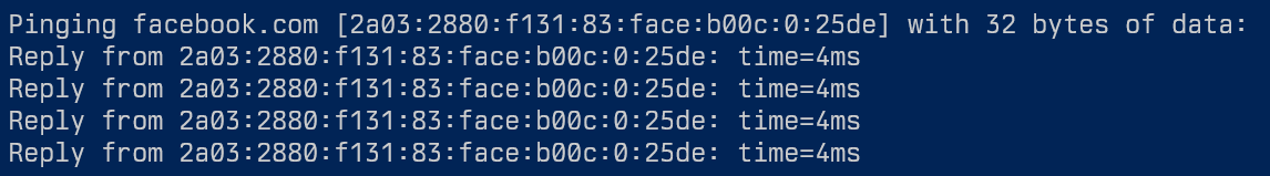 Screenshot of a terminal screen: Pinging facebook.com [2a03:2880:f131:83:face:b00c:0:25de] 