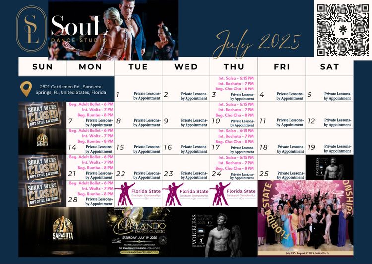 🎆👒 July 2025 SouL Dance Studio Group Class and Event Calendar 👒🎆