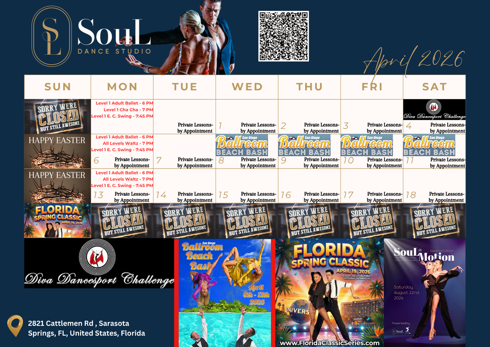 🌸🌺 April 2026 SouL Dance Studio Group Class and Event Calendar 🌺🌸