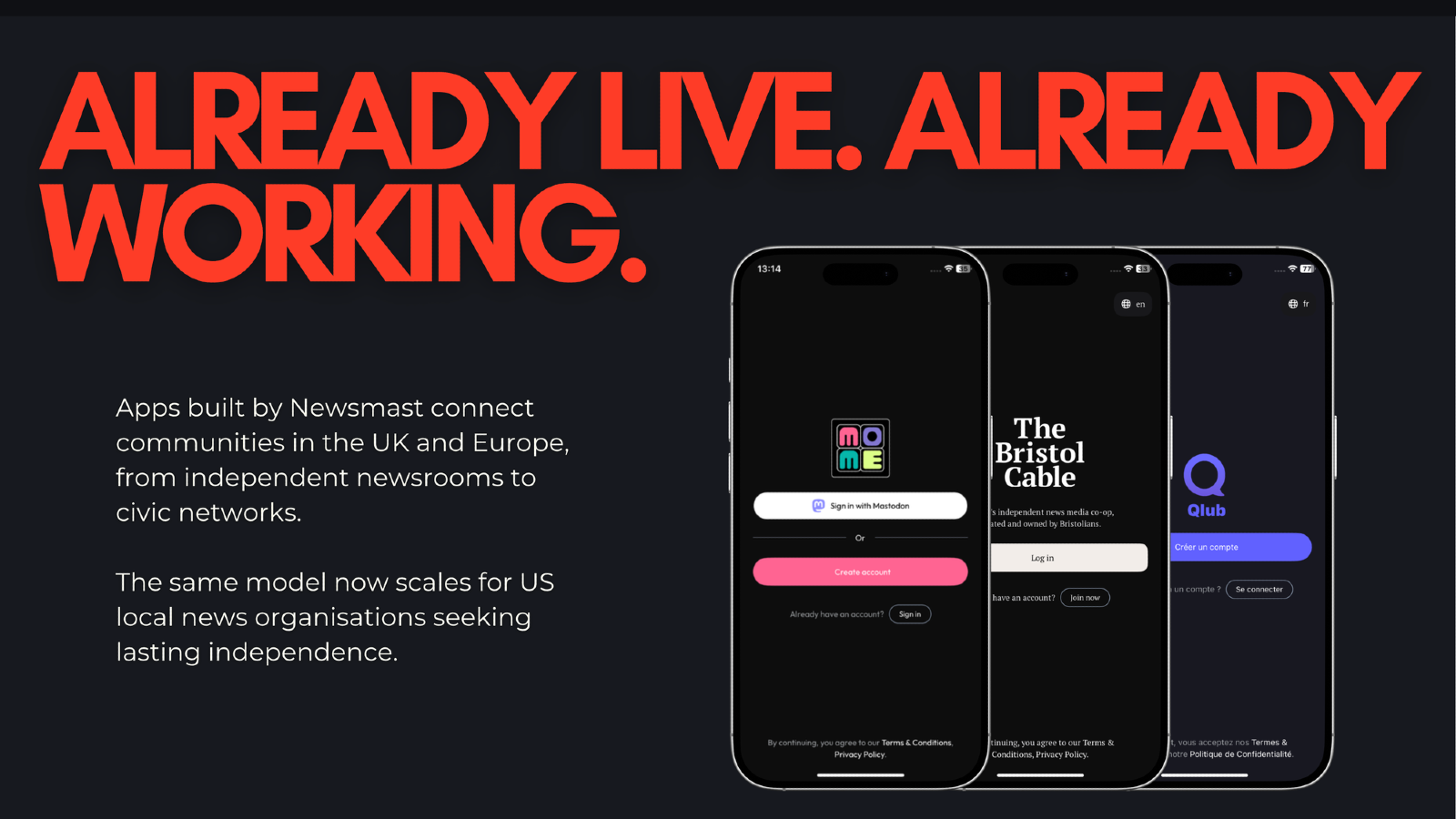 Image of three mobile apps with the words over: Already live. Already working.