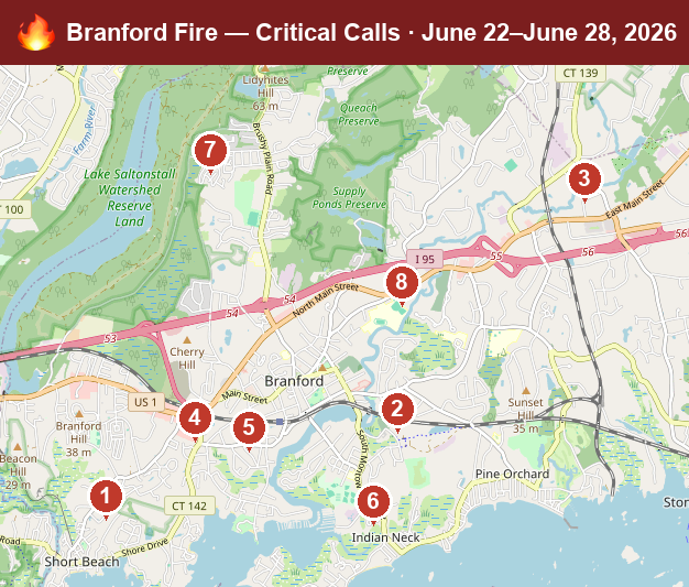 Map of Branford critical fire/hazmat calls, June 22–June 28, 2026