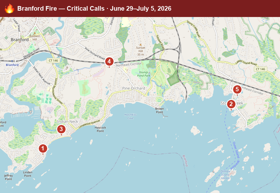 Map of Branford critical fire/hazmat calls, June 29–July 5, 2026
