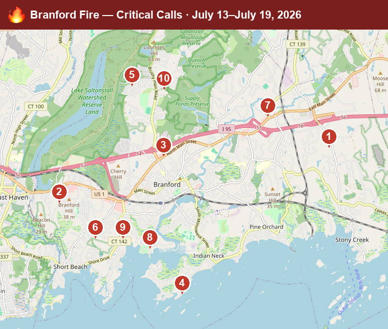 Map of Branford critical fire/hazmat calls, July 13–July 19, 2026