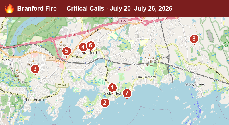 Map of Branford critical fire/hazmat calls, July 20–July 26, 2026