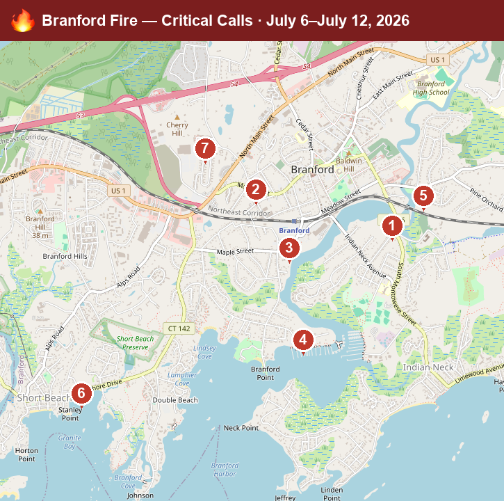 Map of Branford critical fire/hazmat calls, July 6–July 12, 2026