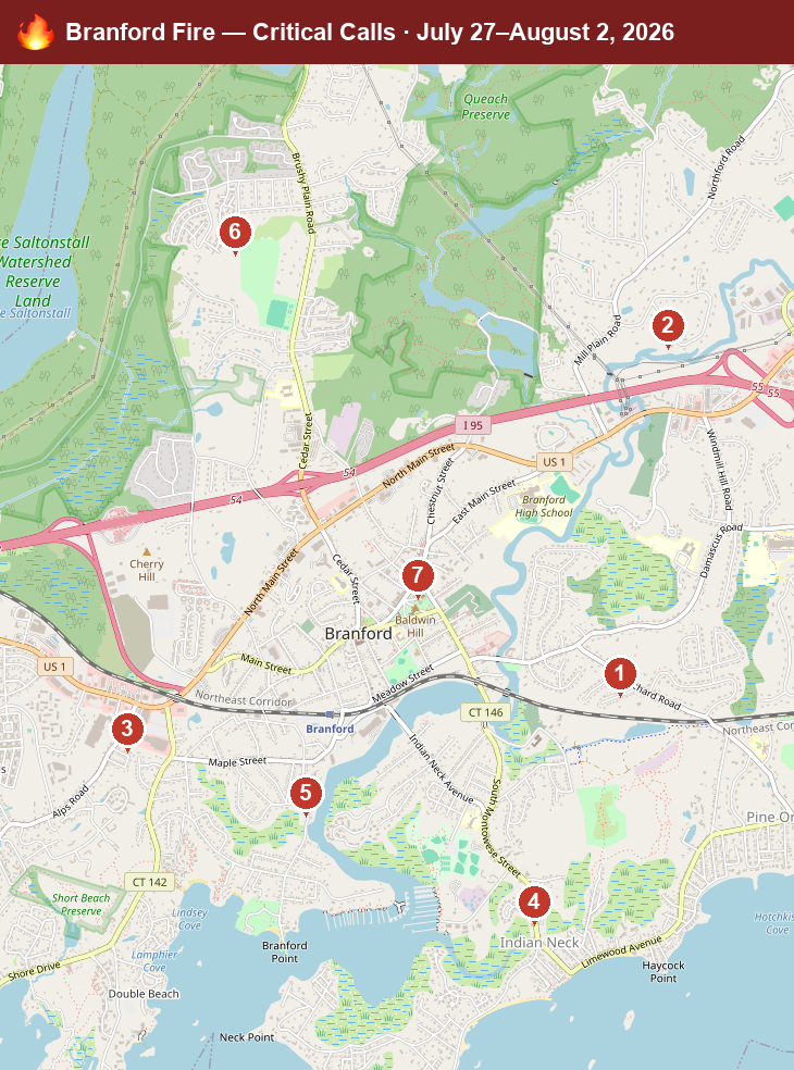 Map of Branford critical fire/hazmat calls, July 27–August 2, 2026