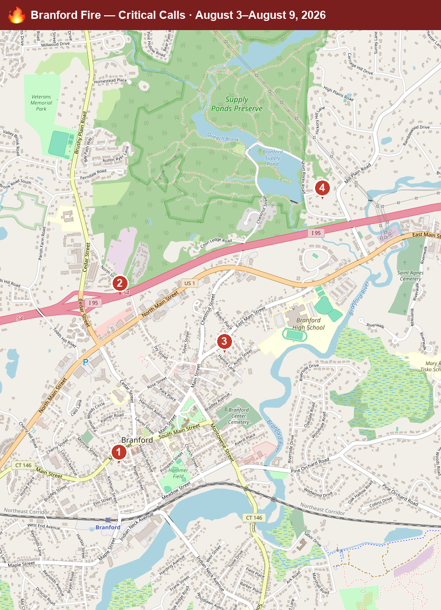 Map of Branford critical fire/hazmat calls, August 3–August 9, 2026