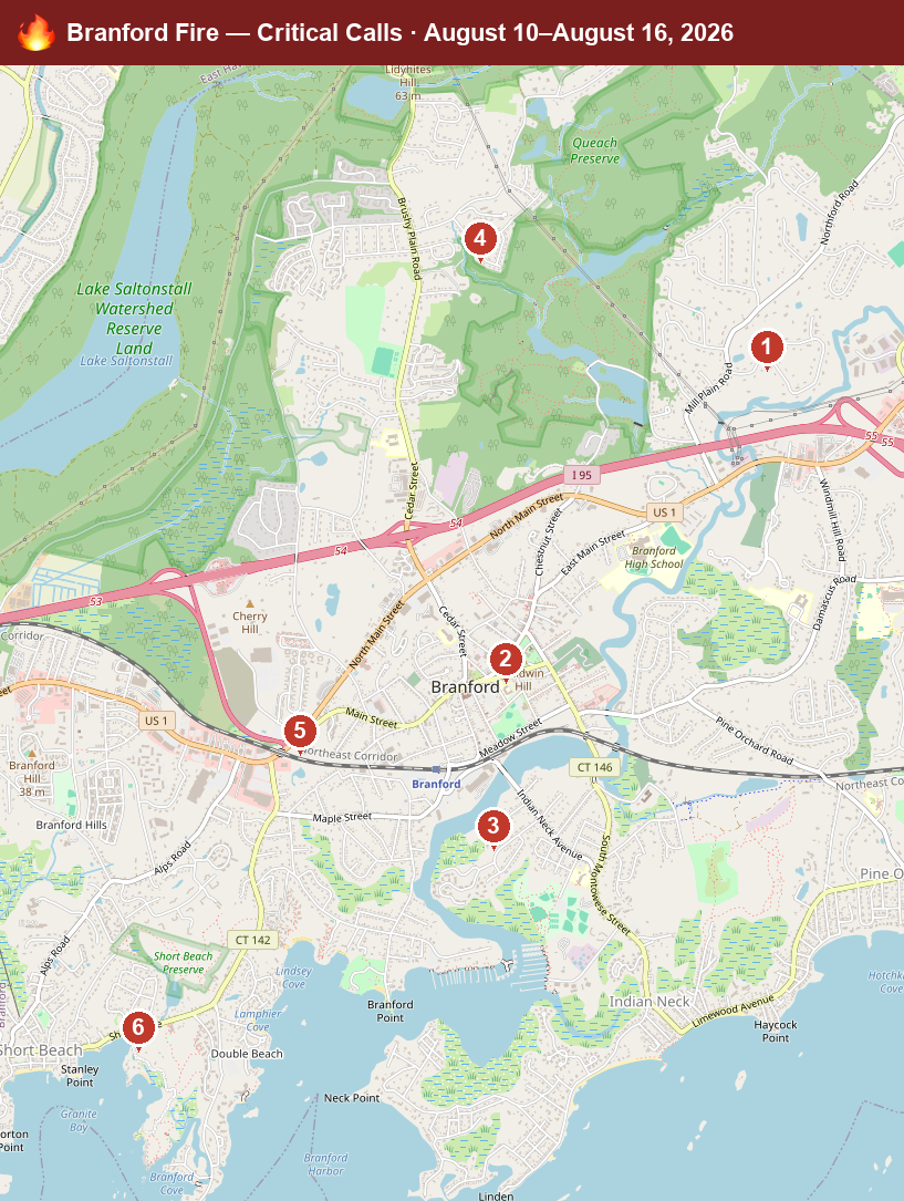 Map of Branford critical fire/hazmat calls, August 10–August 16, 2026