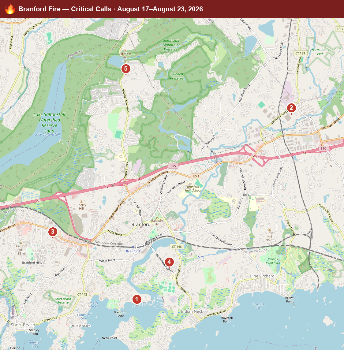 Map of Branford critical fire/hazmat calls, August 17–August 23, 2026