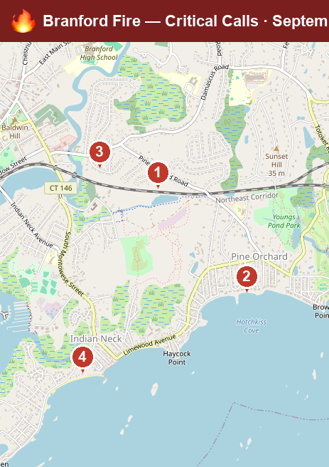 Map of Branford critical fire/hazmat calls, September 7–September 13, 2026