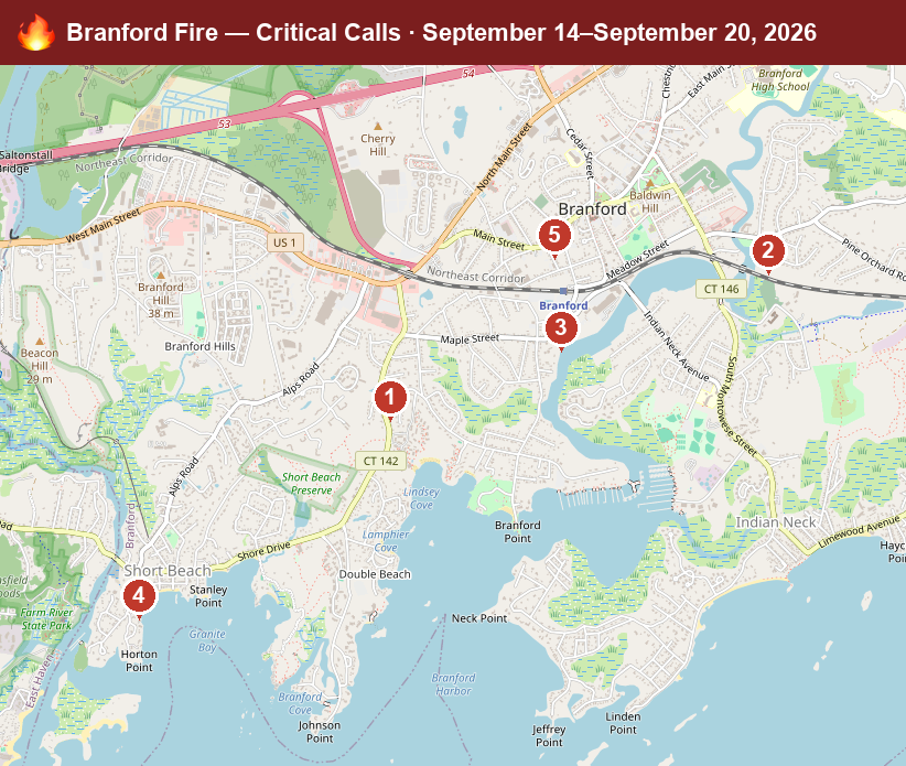Map of Branford critical fire/hazmat calls, September 14–September 20, 2026