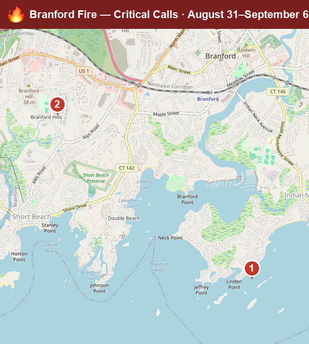 Map of Branford critical fire/hazmat calls, August 31–September 6, 2026