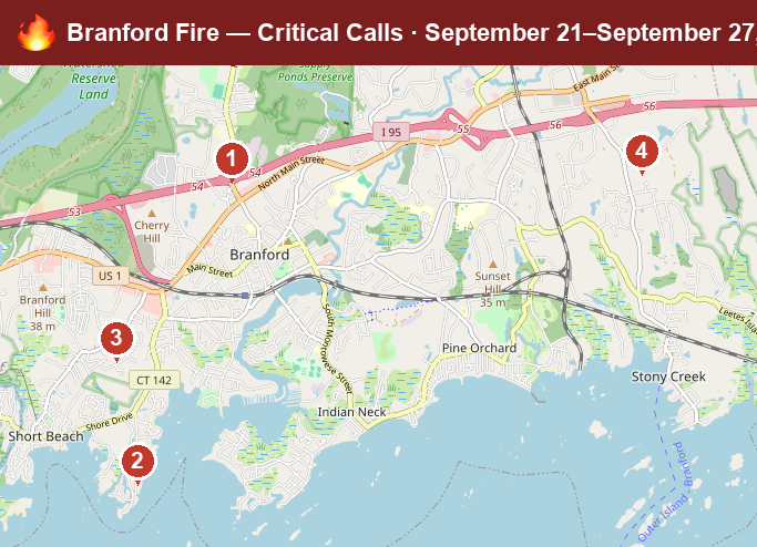 Map of Branford critical fire/hazmat calls, September 21–September 27, 2026