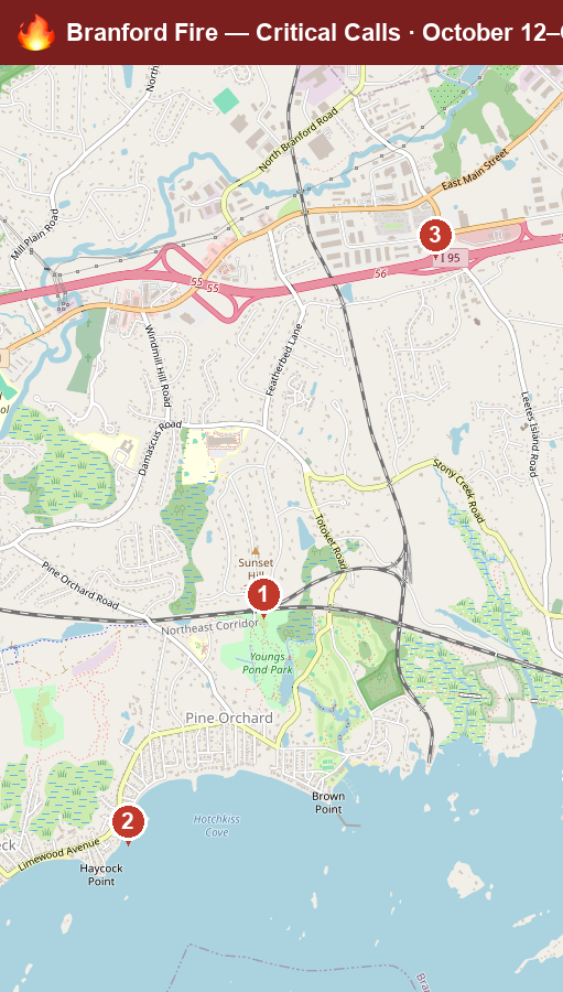 Map of Branford critical fire/hazmat calls, October 12–October 18, 2026