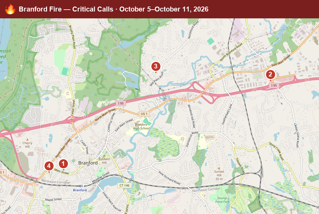 Map of Branford critical fire/hazmat calls, October 5–October 11, 2026