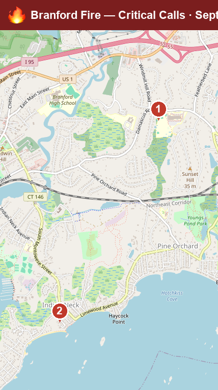 Map of Branford critical fire/hazmat calls, September 28–October 4, 2026