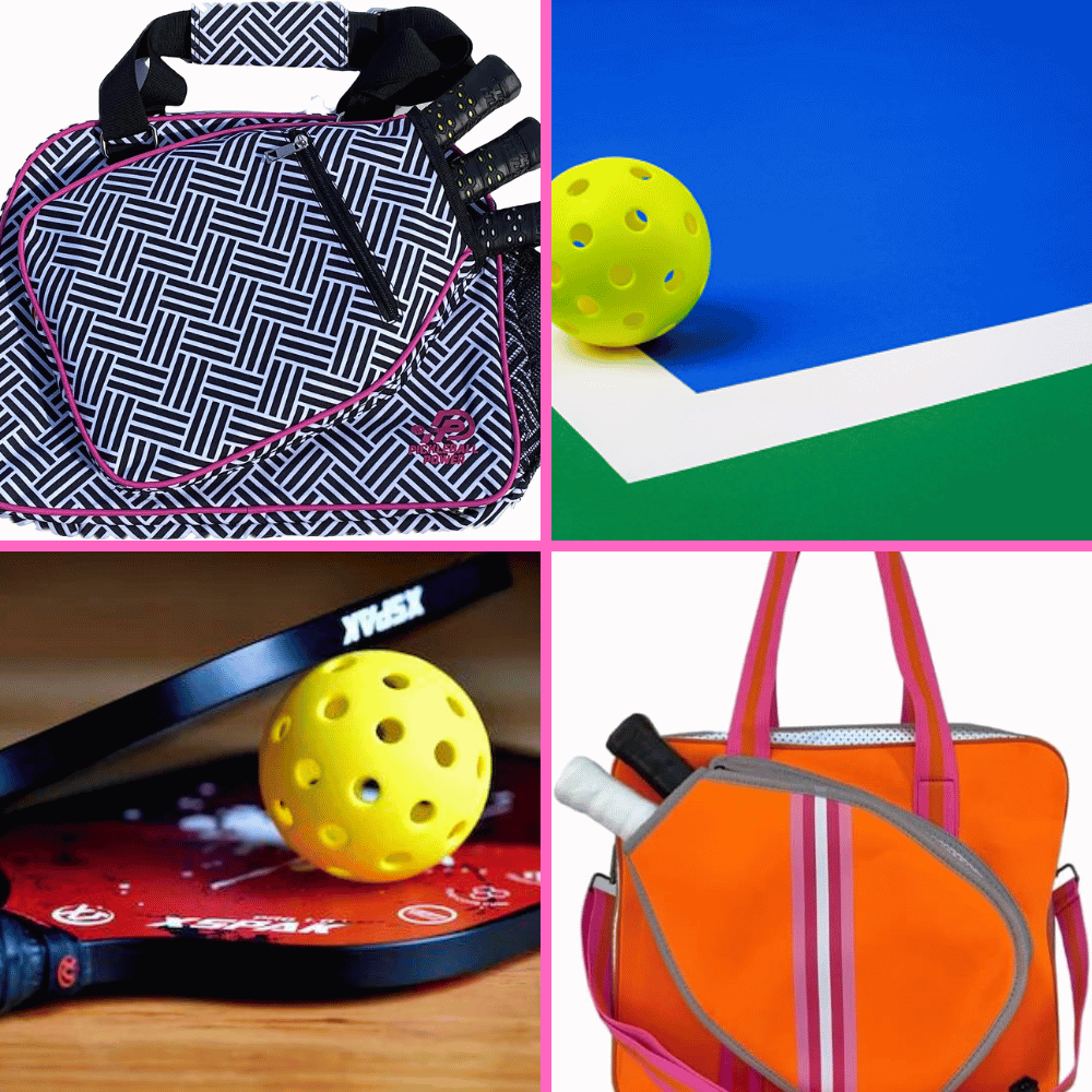 pickleball quad images of bag, paddle, court with ball