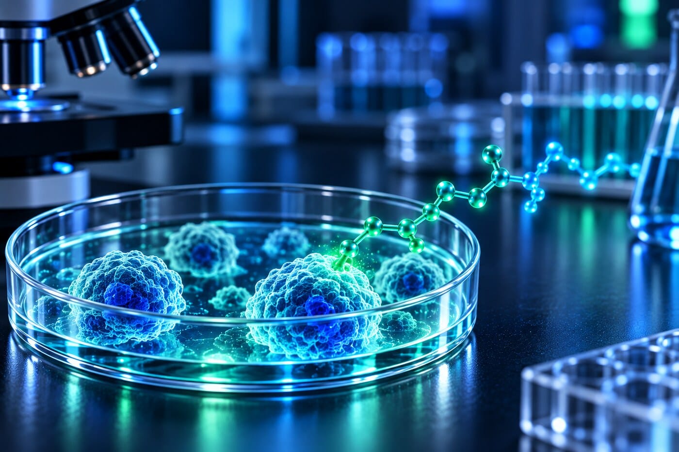 Peptide Research in Cultured Cells Cultured cells in a petri dish interacting with a glowing peptide molecule