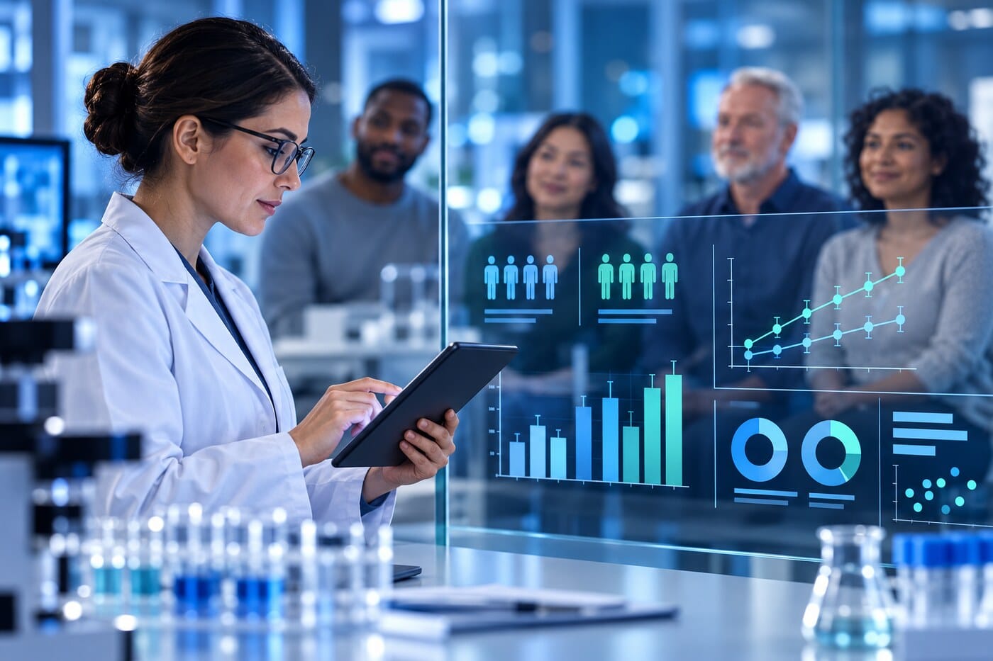 Moving Into Human Research Researcher reviewing clinical study data with adult volunteers in the background