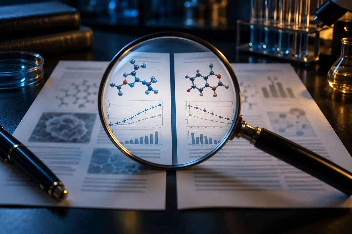 Magnifying glass comparing molecular structures and research data from two studies