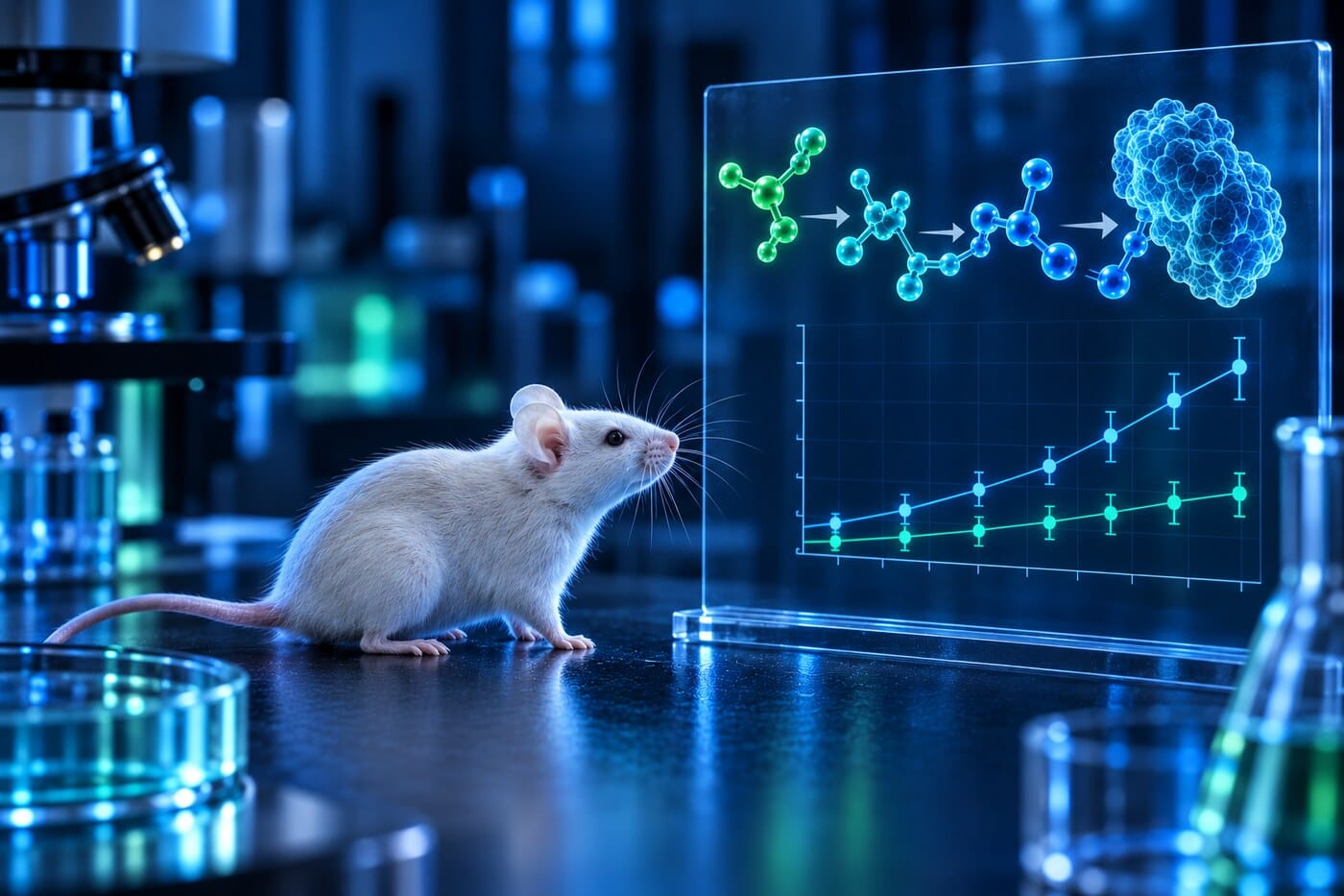 Reading an Animal Study Carefully Laboratory mouse beside molecular pathway graphics and research data